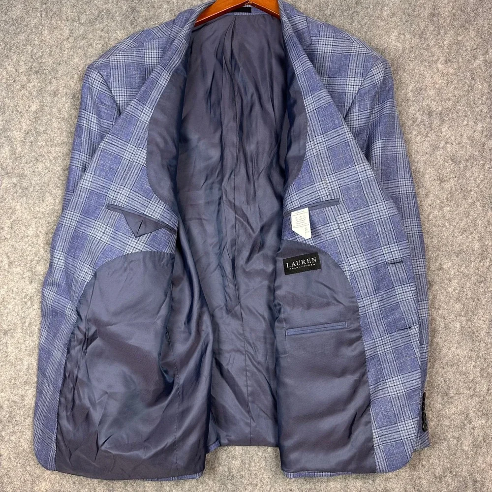 Lauren Ralph Lauren Blazer Mens 50R Blue Plaid Wool Silk Linen Sport Coat Jacket